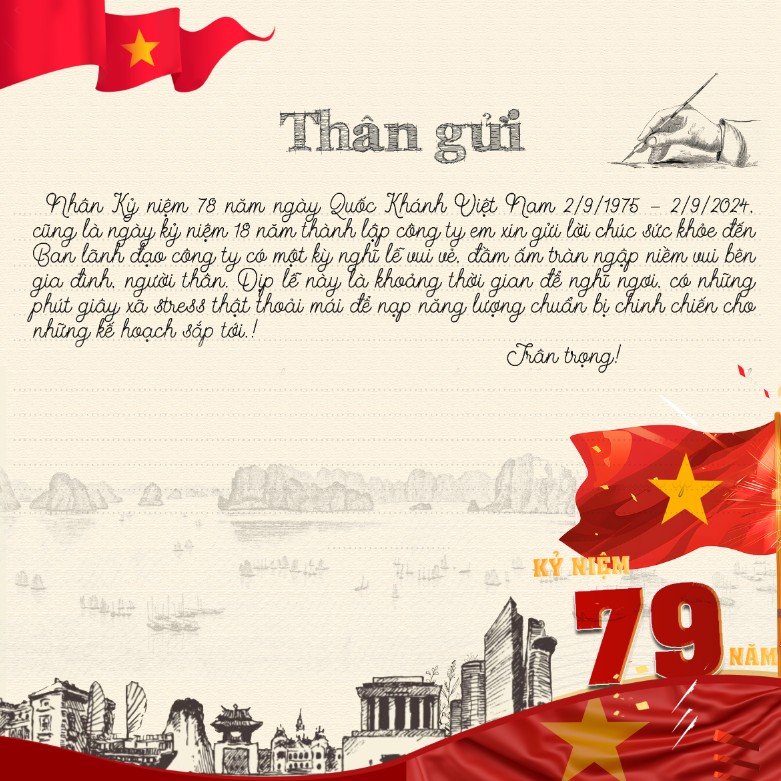 Vietnamese National Day Celebration Banner with National Flag, Commemoration Message, Background featuring Vietnamese Famous Landmark, Banner kỷ niệm ngày Quốc Khánh Việt Nam